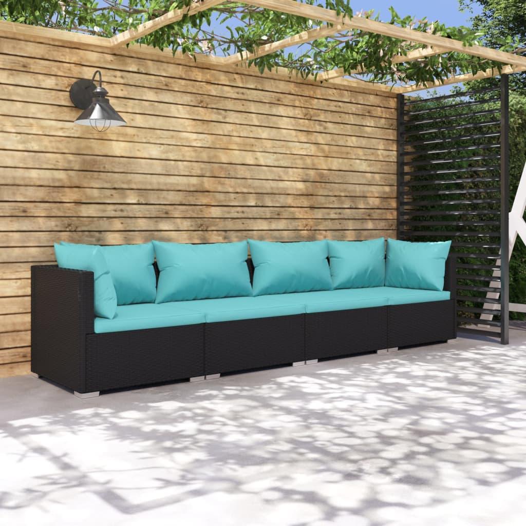 4 Piece Patio Lounge Set with Cushions Poly Rattan Black