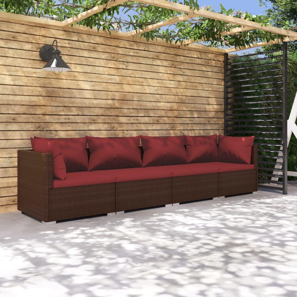 4 Piece Patio Lounge Set with Cushions Poly Rattan Brown