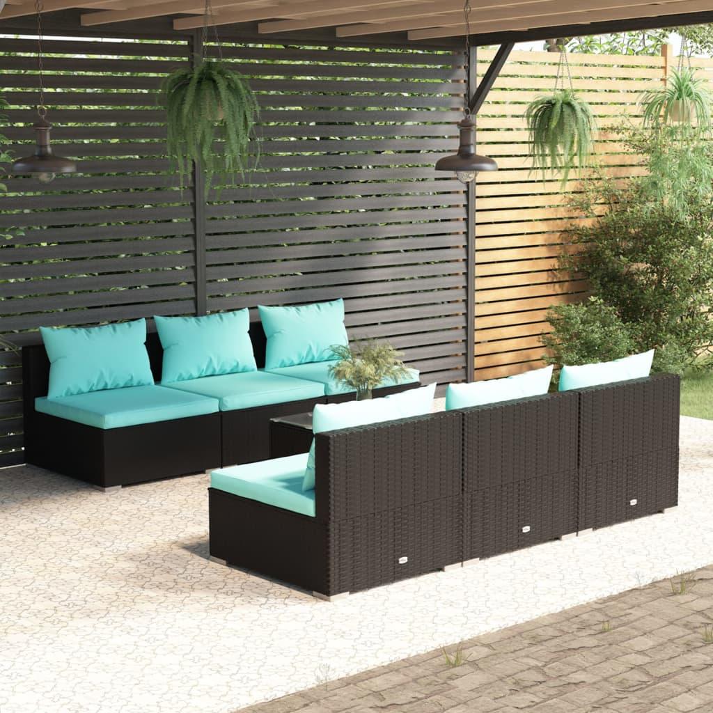 7 Piece Patio Lounge Set with Cushions Poly Rattan Black