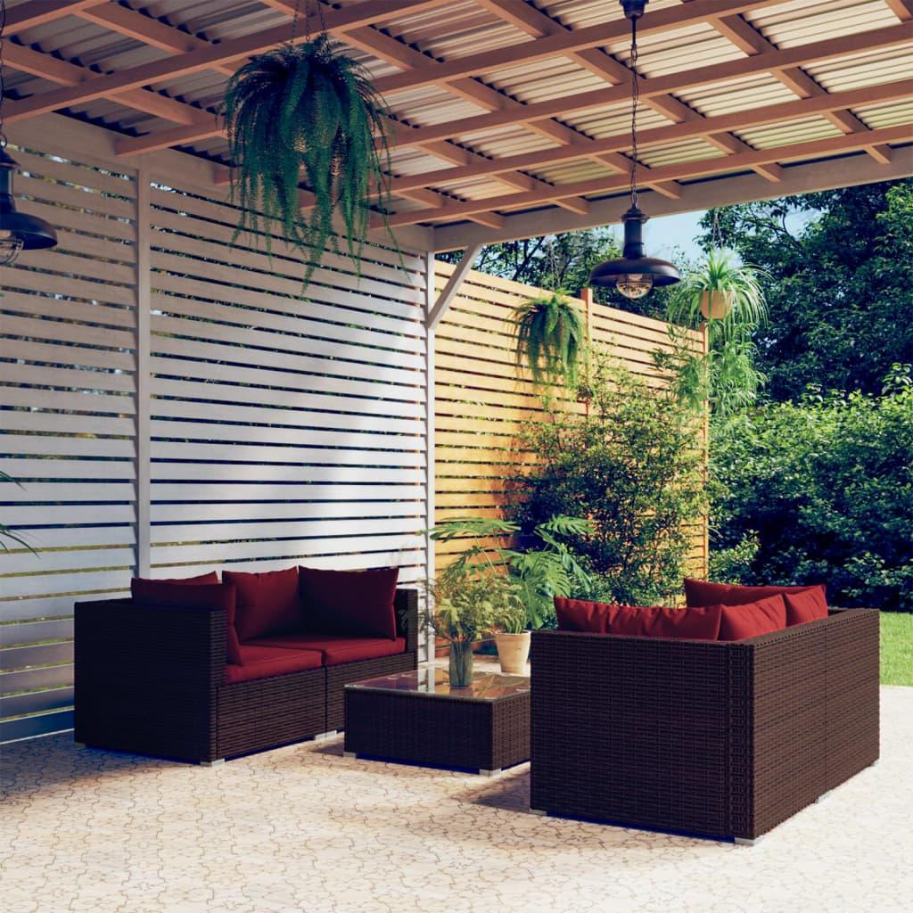 5 Piece Patio Lounge Set with Cushions Poly Rattan Brown