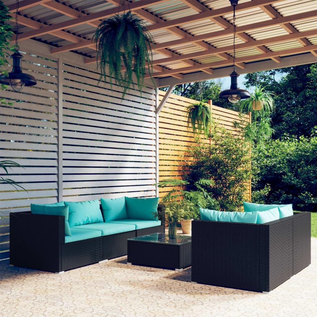 6 Piece Patio Lounge Set with Cushions Poly Rattan Black