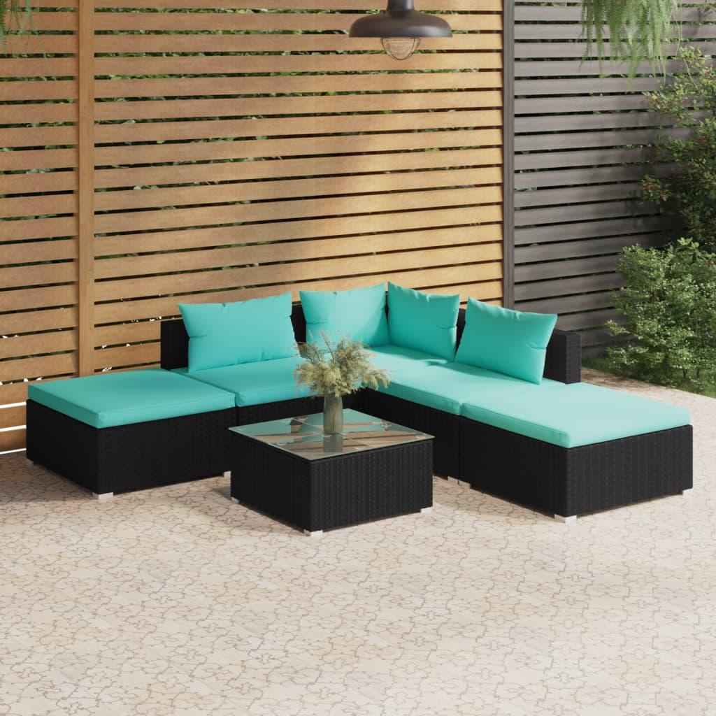 6 Piece Patio Lounge Set with Cushions Poly Rattan Black