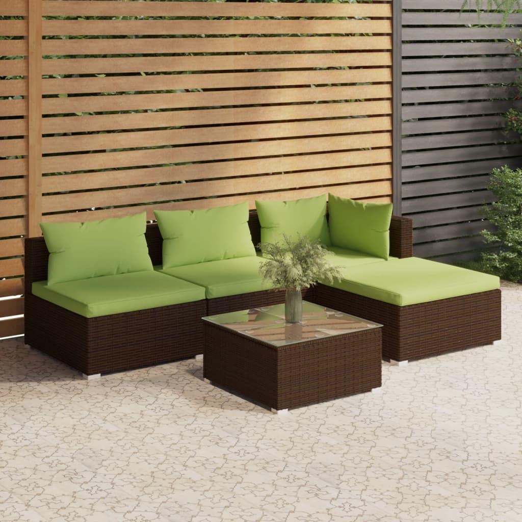 5 Piece Patio Lounge Set with Cushions Poly Rattan Brown