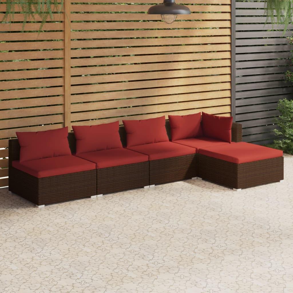 5 Piece Patio Lounge Set with Cushions Poly Rattan Brown