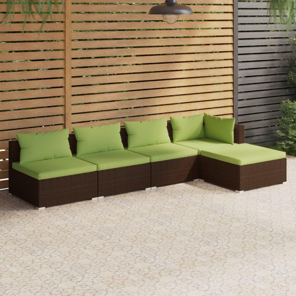 5 Piece Patio Lounge Set with Cushions Poly Rattan Brown