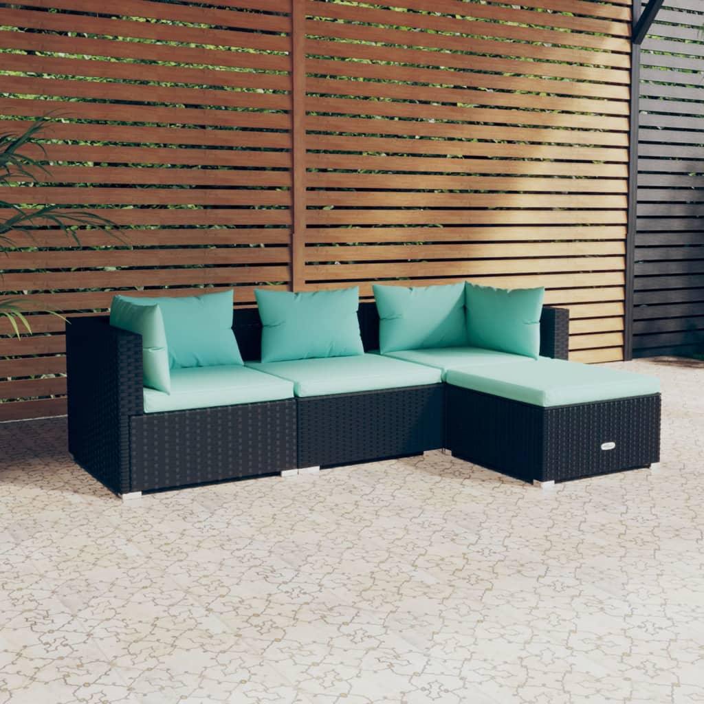 4 Piece Patio Lounge Set with Cushions Poly Rattan Black