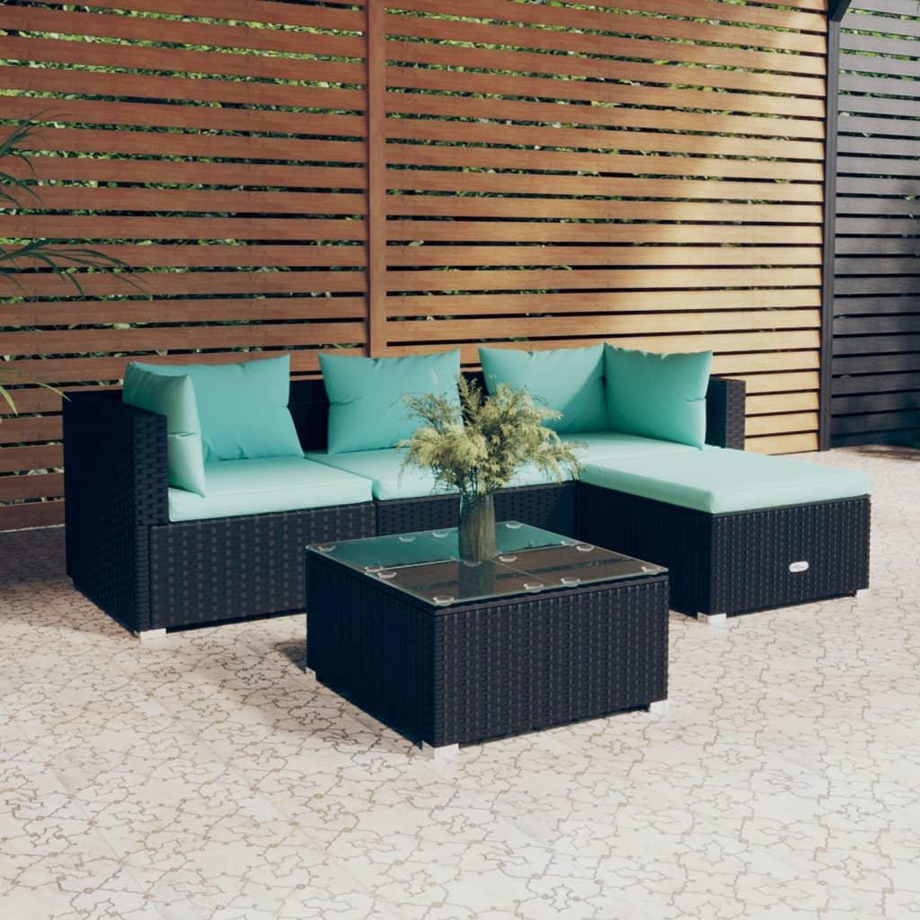 5 Piece Patio Lounge Set with Cushions Poly Rattan Black