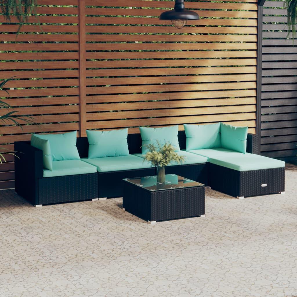 6 Piece Patio Lounge Set with Cushions Poly Rattan Black