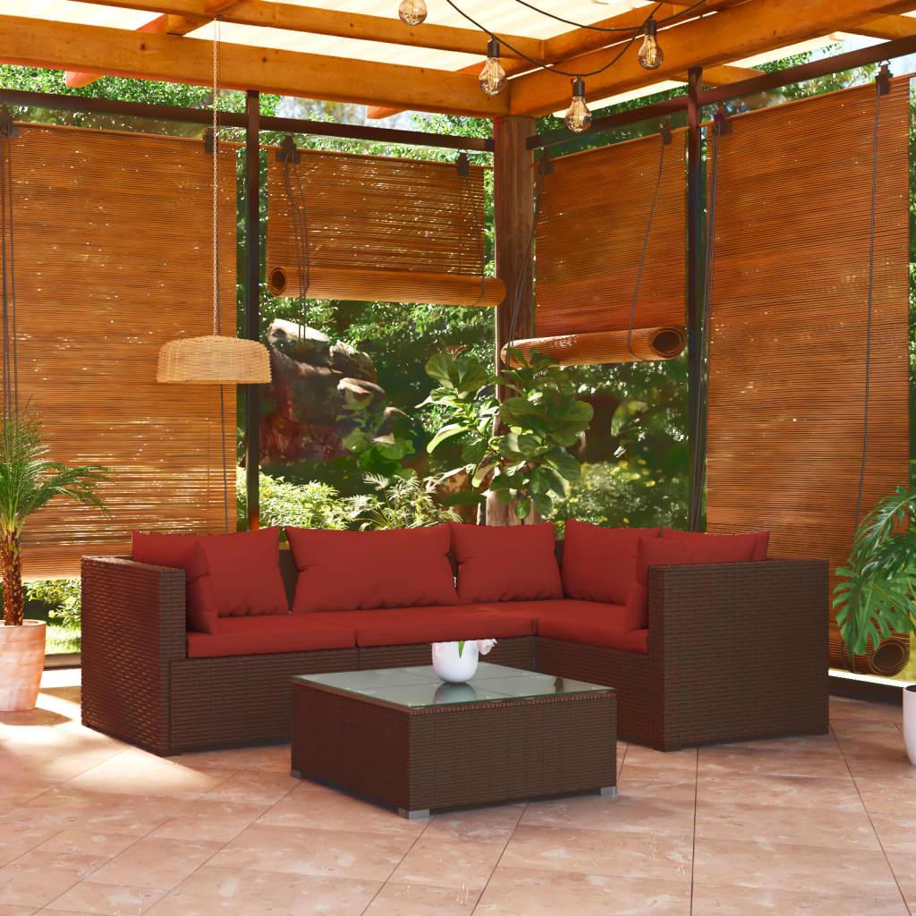 5 Piece Patio Lounge Set with Cushions Poly Rattan Brown