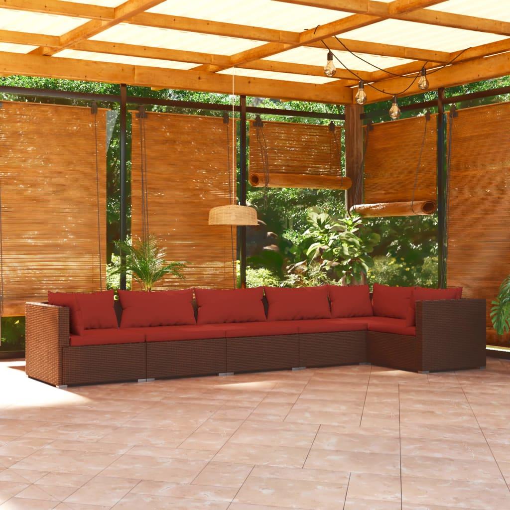 6 Piece Patio Lounge Set with Cushions Poly Rattan Brown