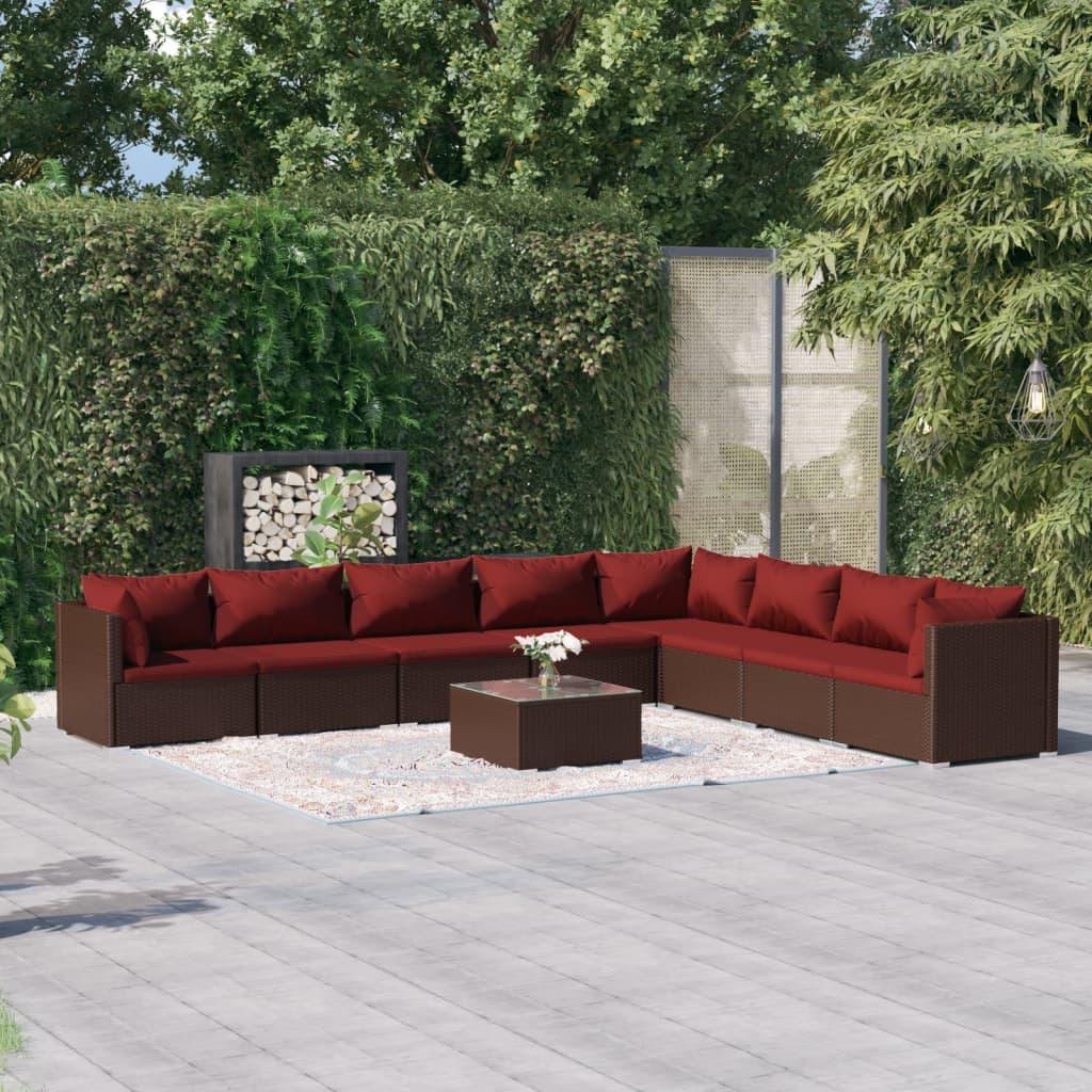 9 Piece Patio Lounge Set with Cushions Poly Rattan Brown