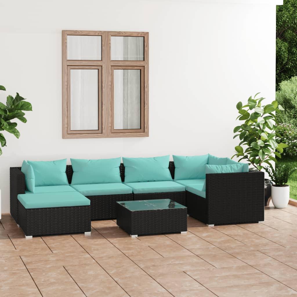 7 Piece Patio Lounge Set with Cushions Poly Rattan Black