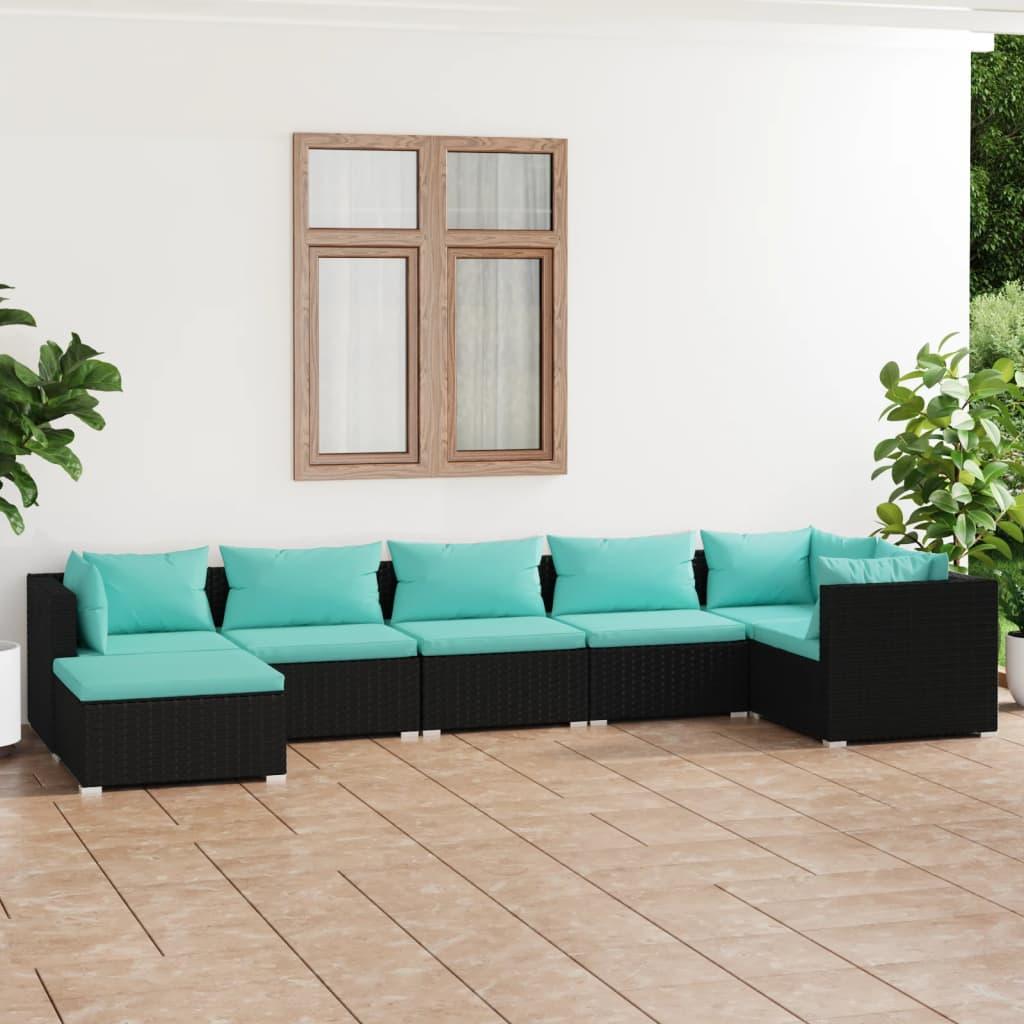 7 Piece Patio Lounge Set with Cushions Poly Rattan Black