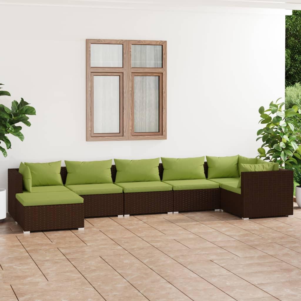 7 Piece Patio Lounge Set with Cushions Poly Rattan Brown