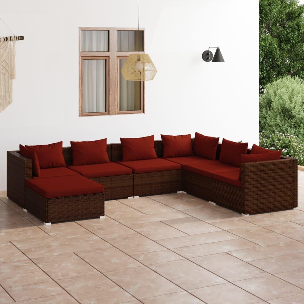 7 Piece Patio Lounge Set with Cushions Poly Rattan Brown