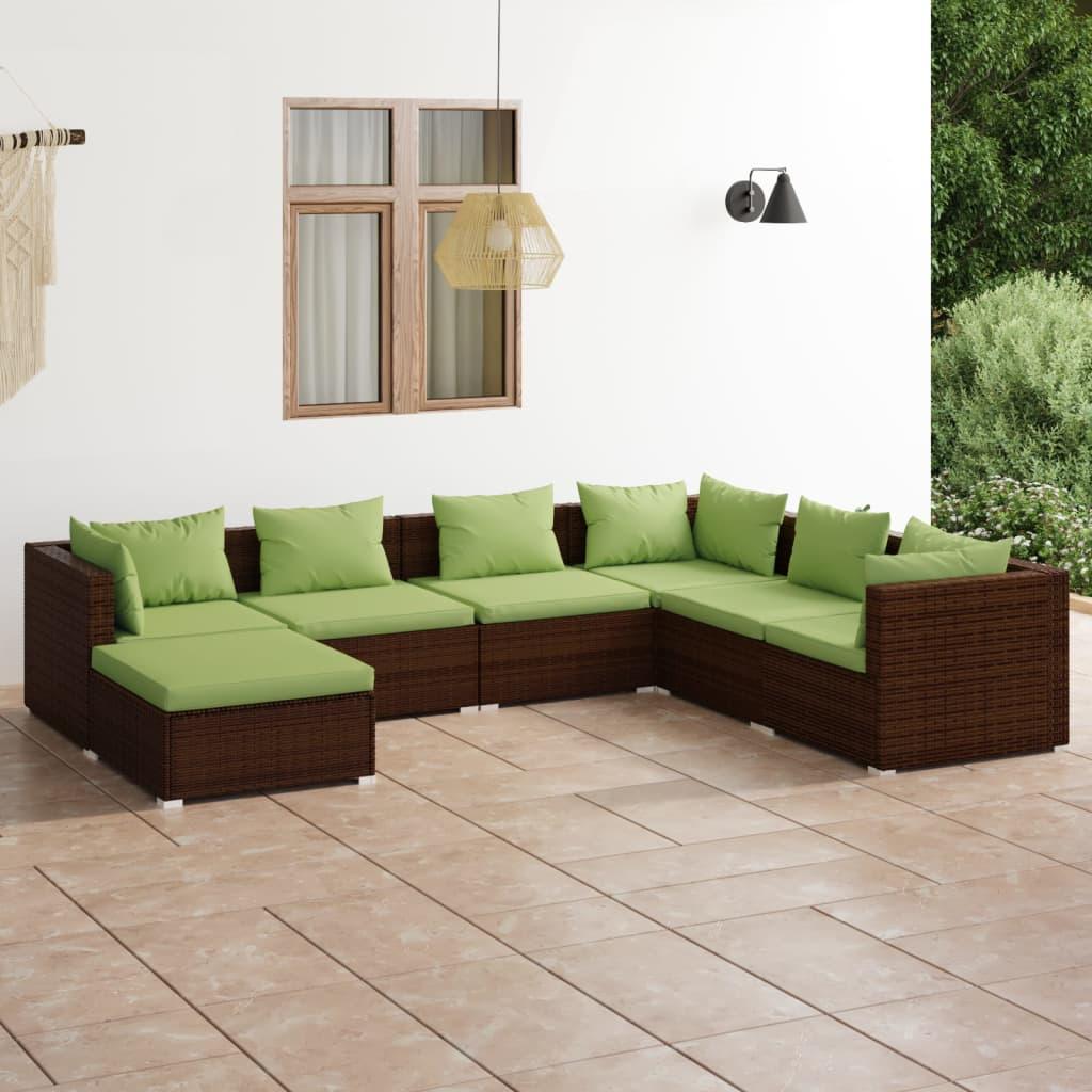 7 Piece Patio Lounge Set with Cushions Poly Rattan Brown