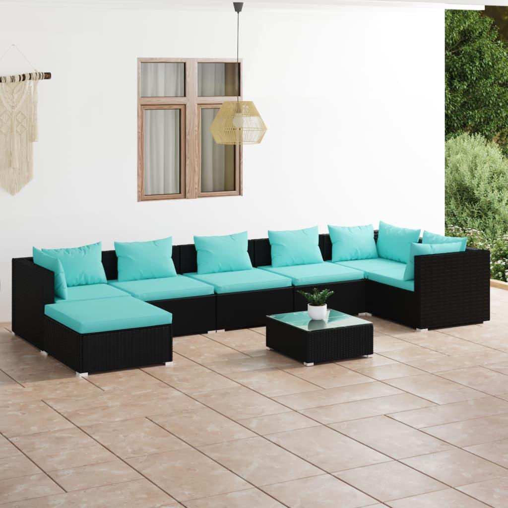 8 Piece Patio Lounge Set with Cushions Poly Rattan Black