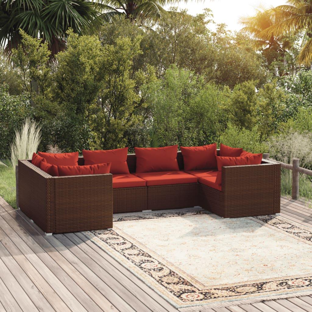 6 Piece Patio Lounge Set with Cushions Poly Rattan Brown