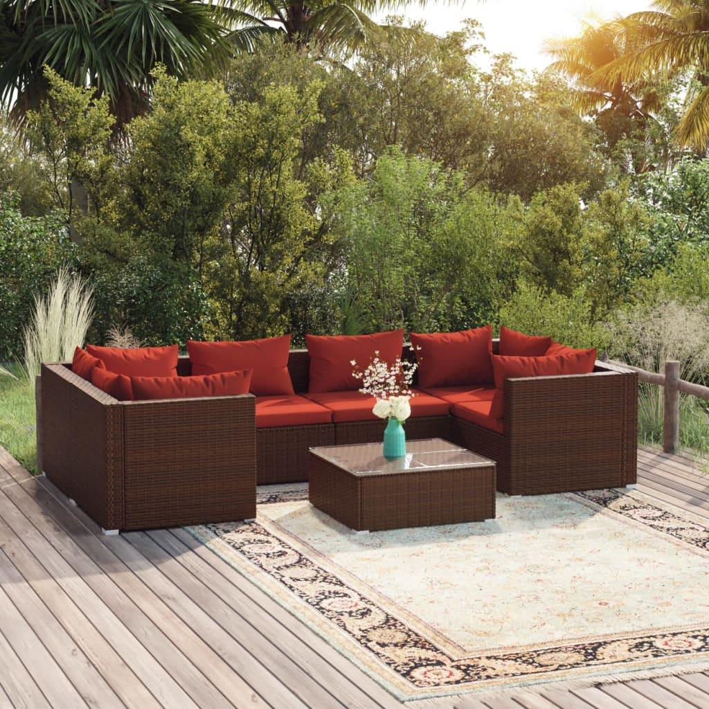 7 Piece Patio Lounge Set with Cushions Poly Rattan Brown