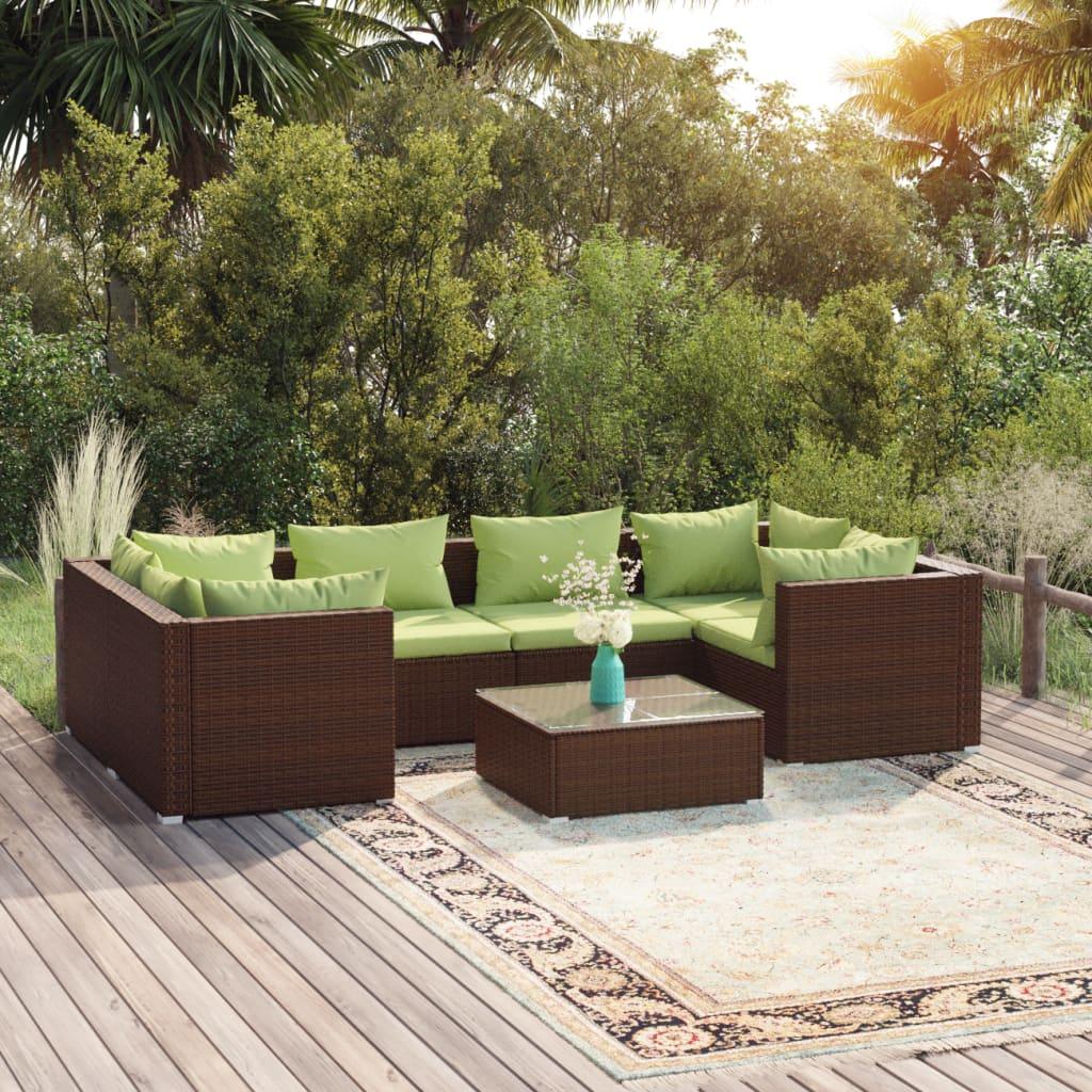 7 Piece Patio Lounge Set with Cushions Poly Rattan Brown