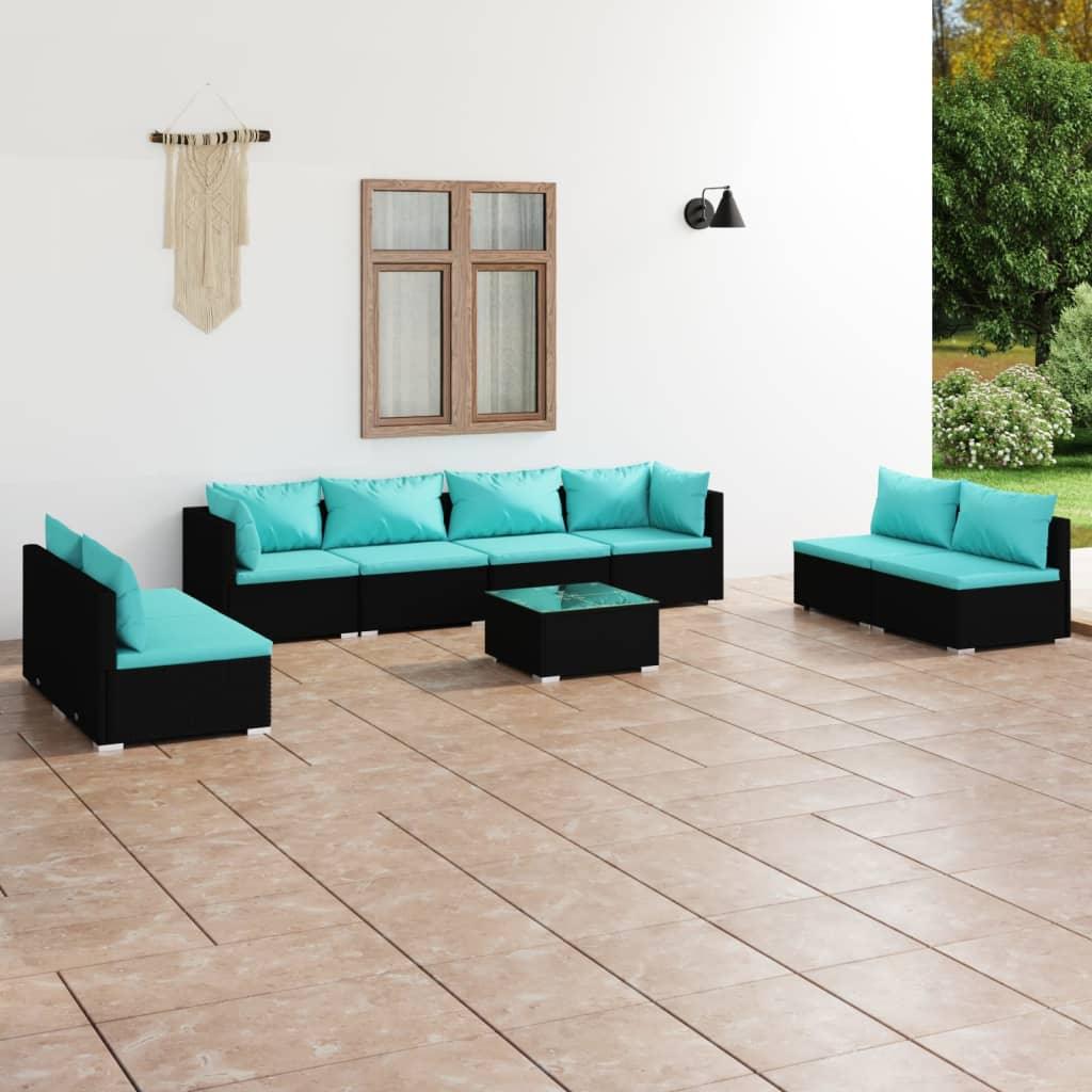 9 Piece Patio Lounge Set with Cushions Poly Rattan Black