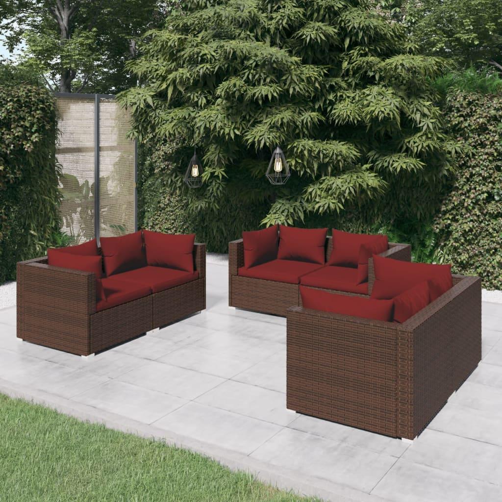 6 Piece Patio Lounge Set with Cushions Poly Rattan Brown