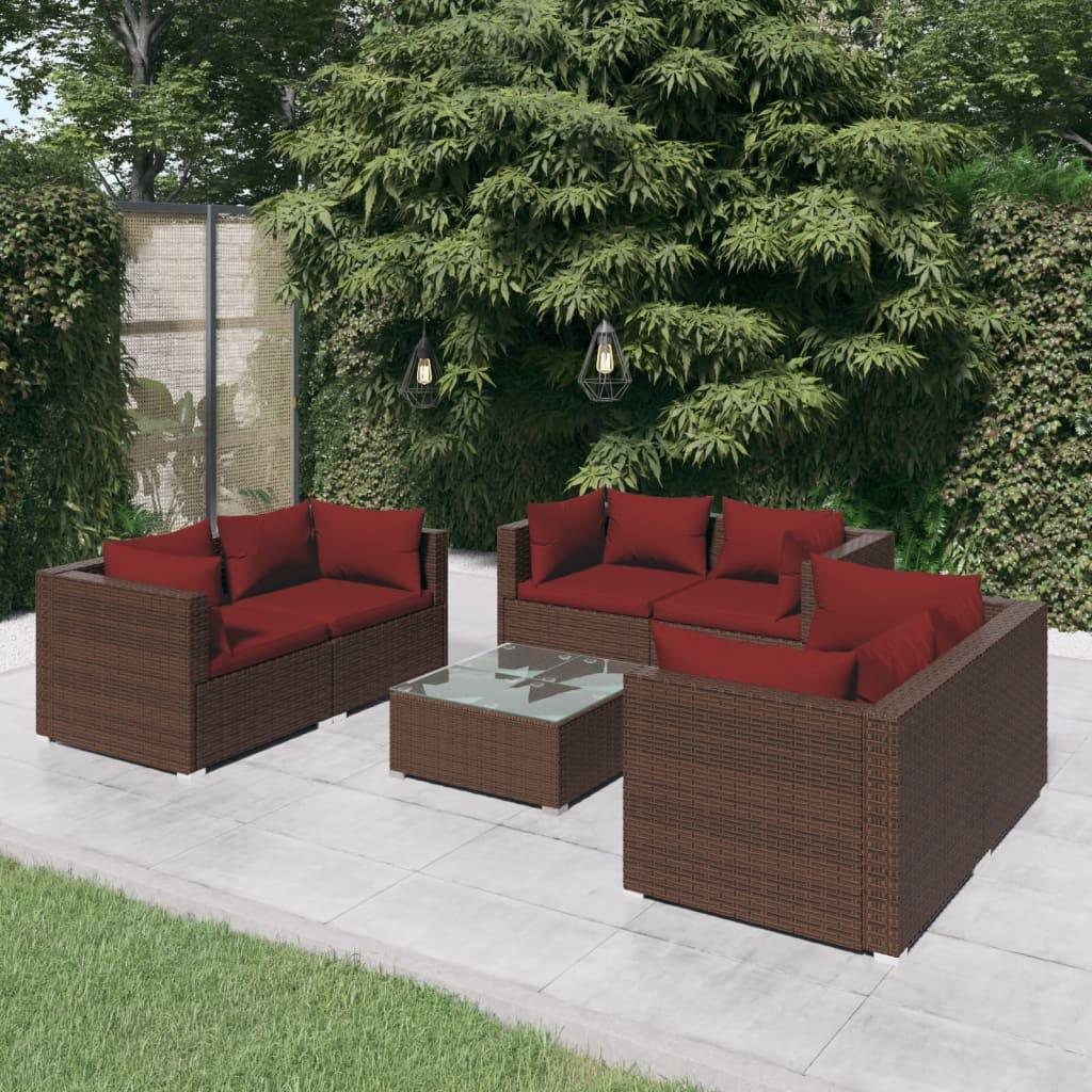 7 Piece Patio Lounge Set with Cushions Poly Rattan Brown