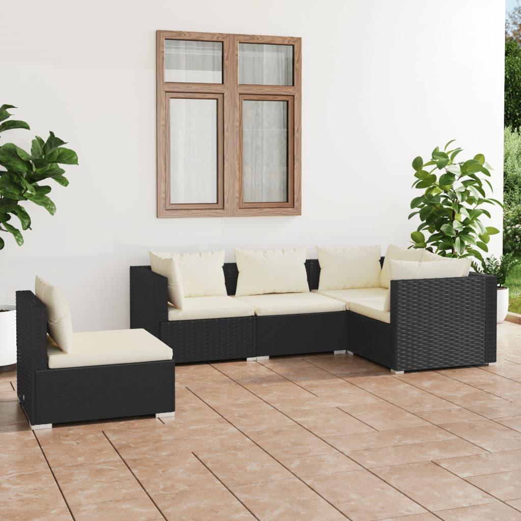 5 Piece Patio Lounge Set with Cushions Poly Rattan Black