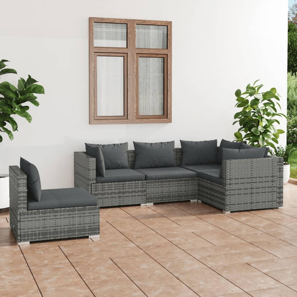 5 Piece Patio Lounge Set with Cushions Poly Rattan Gray