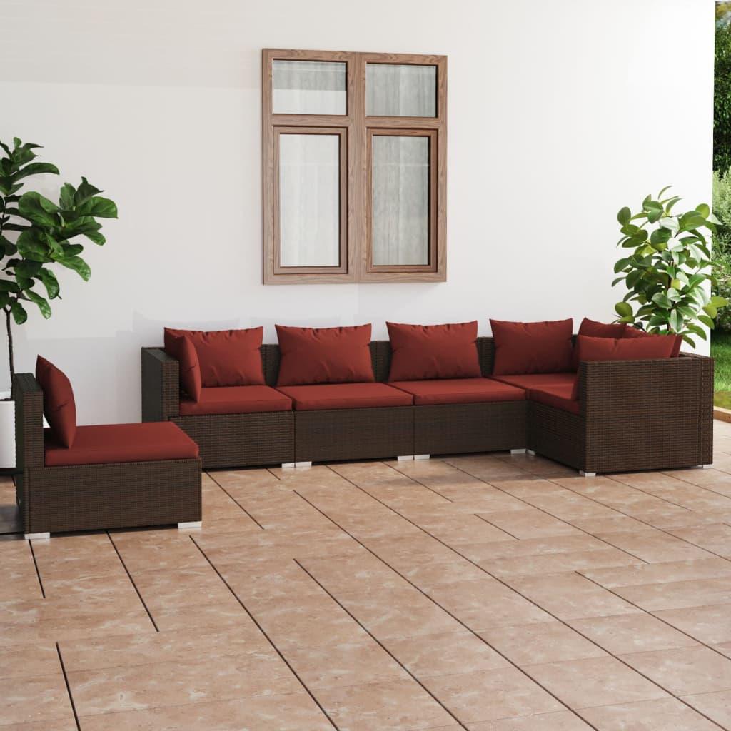 6 Piece Patio Lounge Set with Cushions Poly Rattan Brown