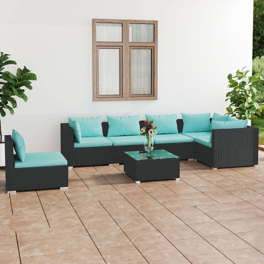 7 Piece Patio Lounge Set with Cushions Poly Rattan Black