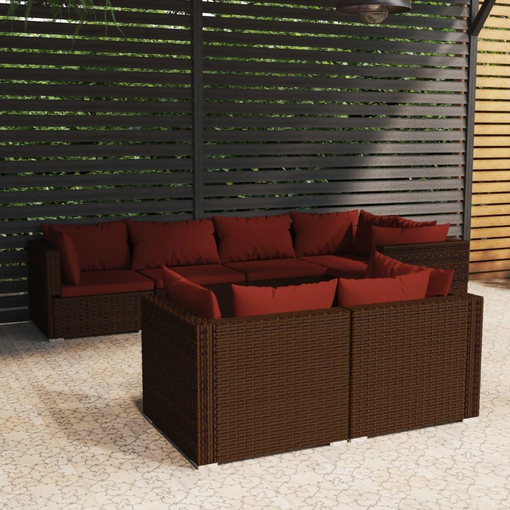 7 Piece Patio Lounge Set with Cushions Brown Poly Rattan