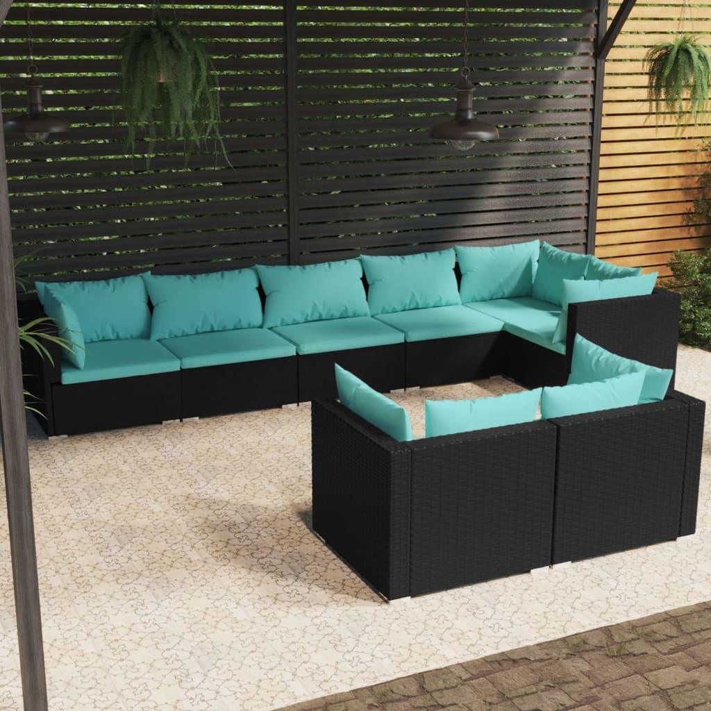 8 Piece Patio Lounge Set with Cushions Black Poly Rattan