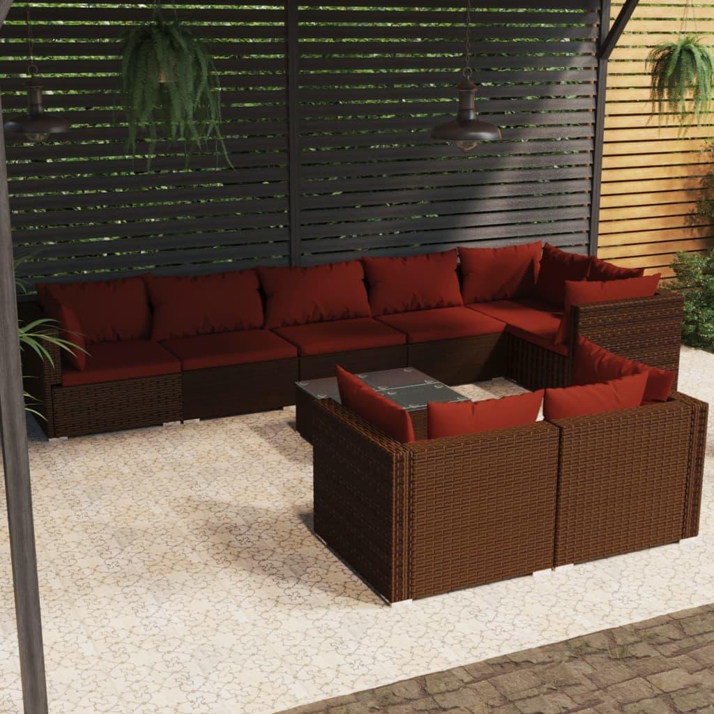 9 Piece Patio Lounge Set with Cushions Brown Poly Rattan