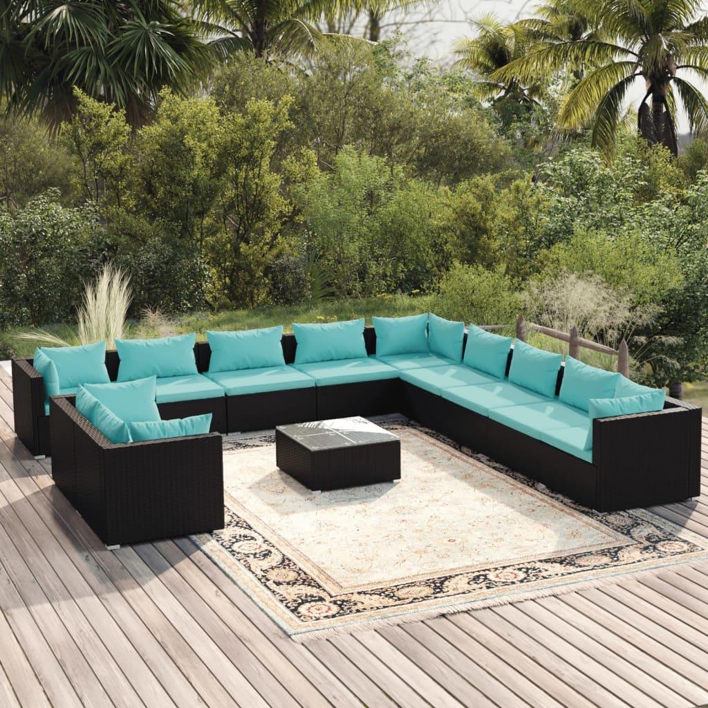 12 Piece Patio Lounge Set with Cushions Black Poly Rattan