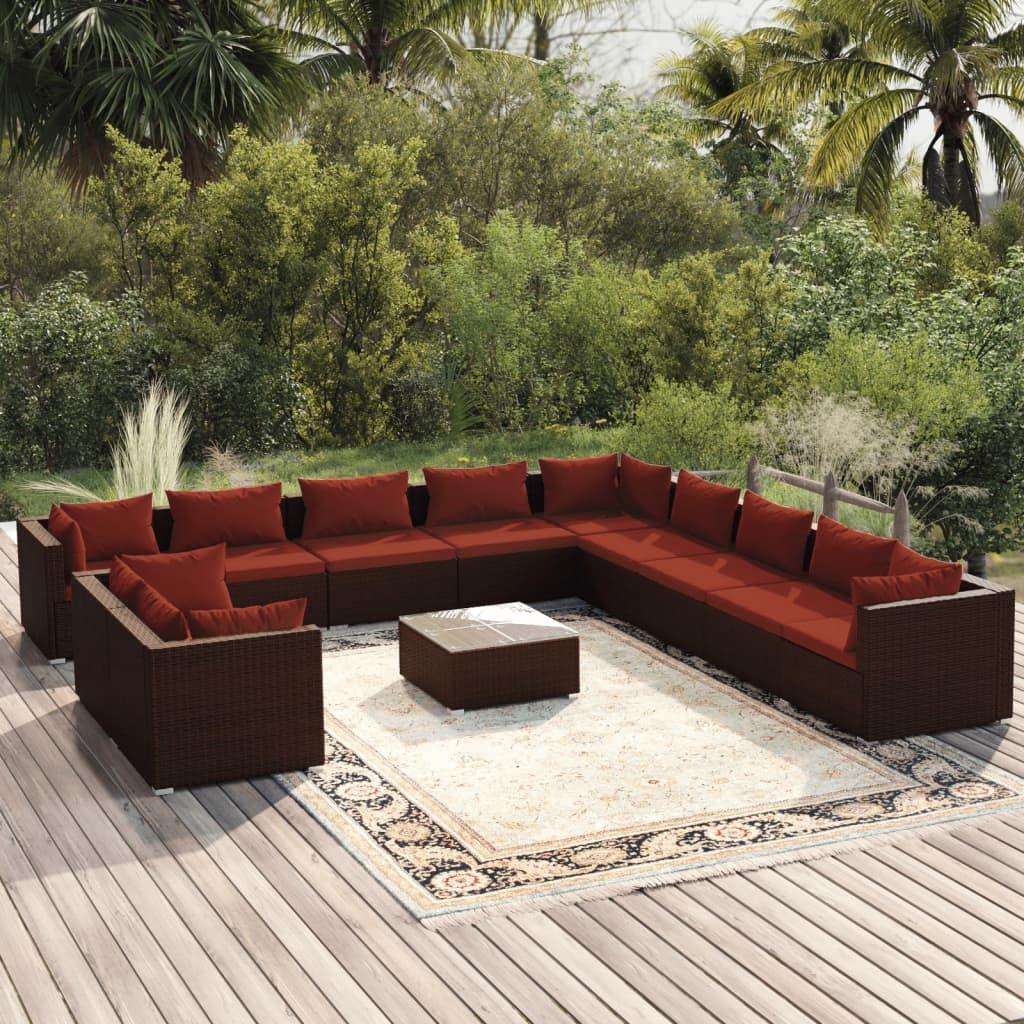 12 Piece Patio Lounge Set with Cushions Brown Poly Rattan