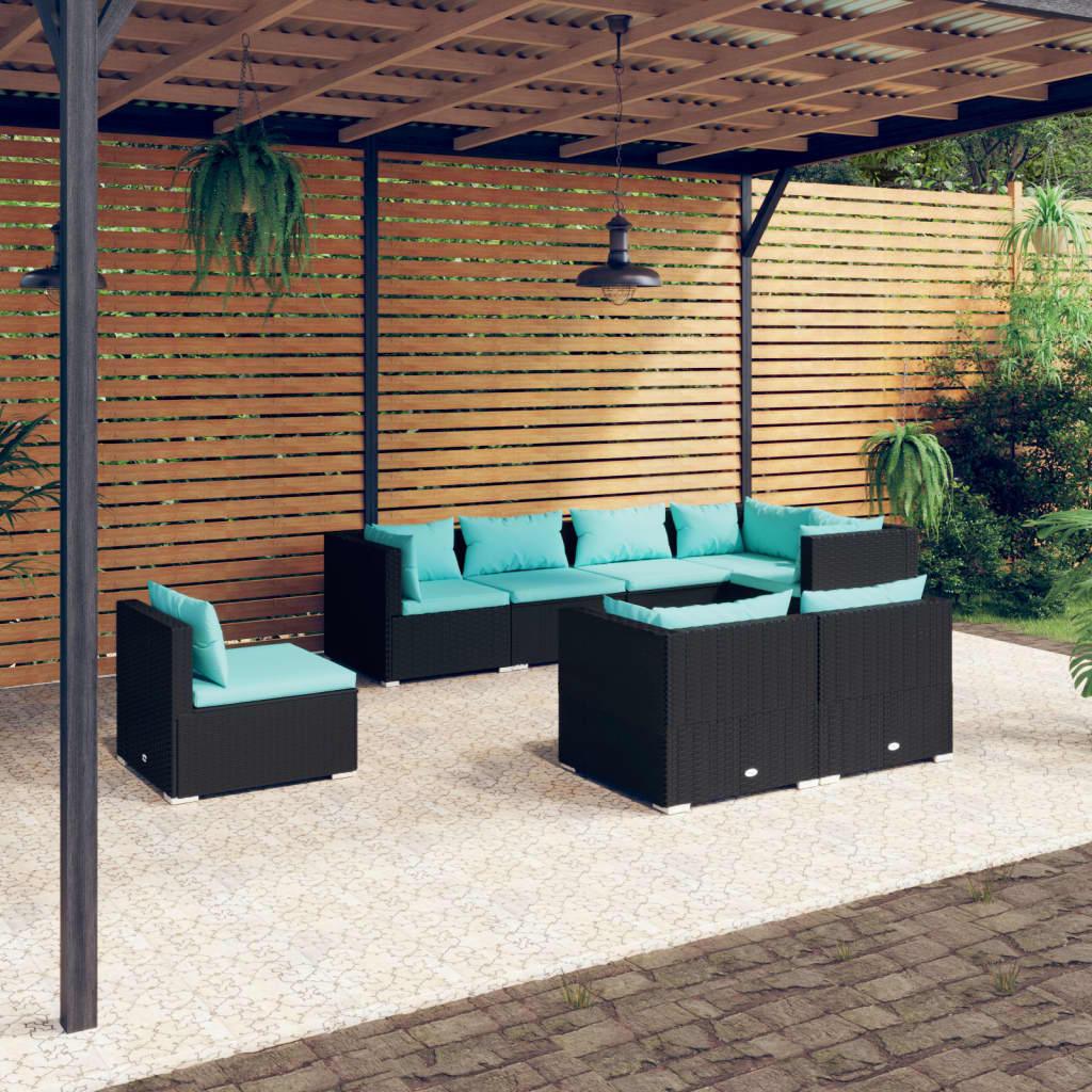 8 Piece Patio Lounge Set with Cushions Poly Rattan Black