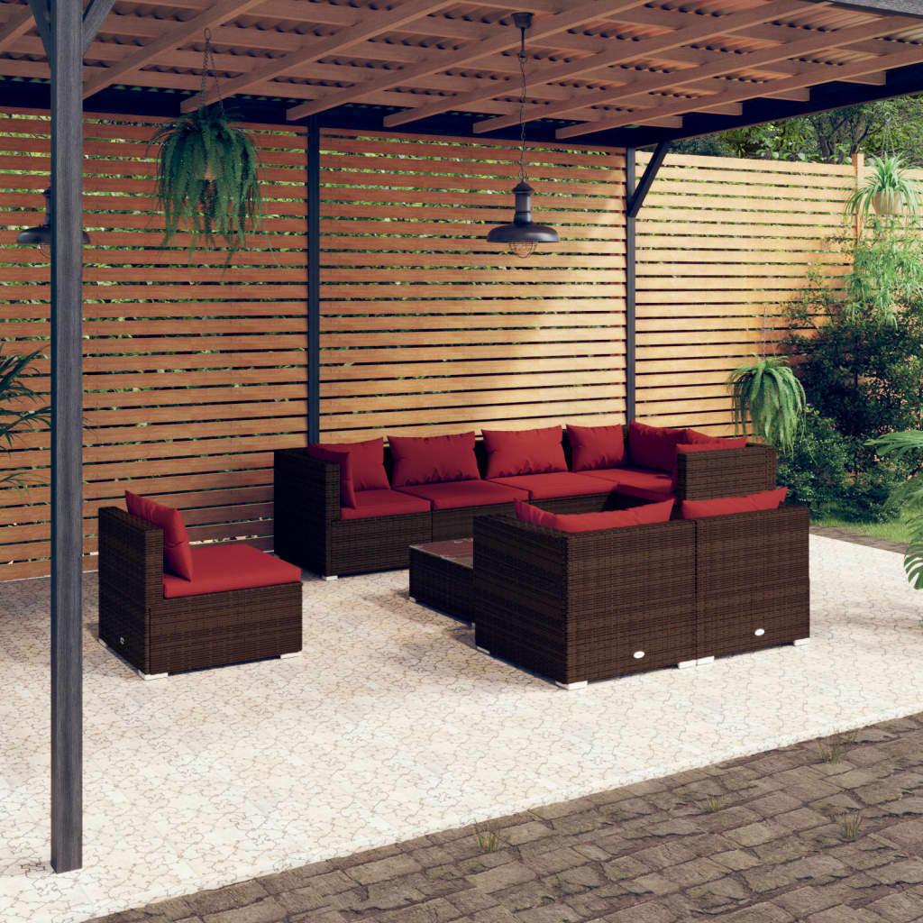 9 Piece Patio Lounge Set with Cushions Poly Rattan Brown