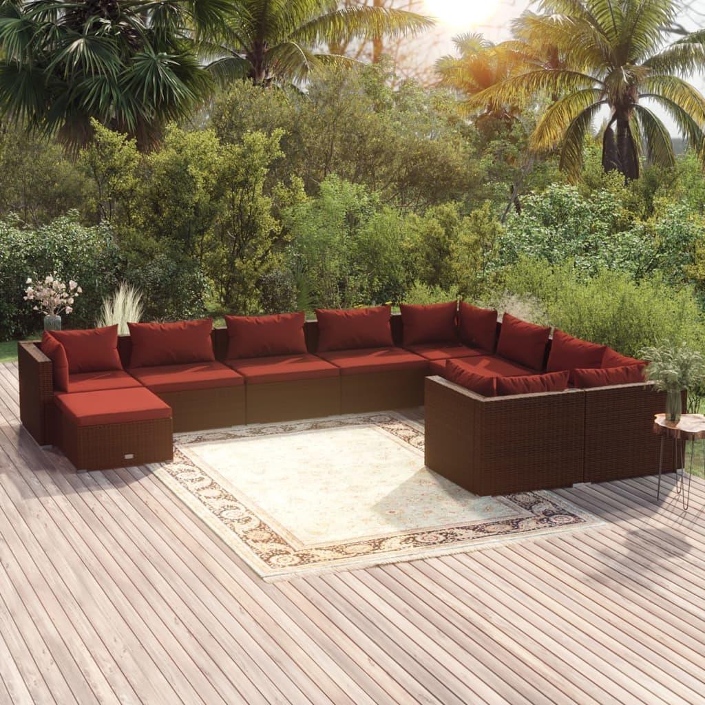 10 Piece Patio Lounge Set with Cushions Poly Rattan Brown