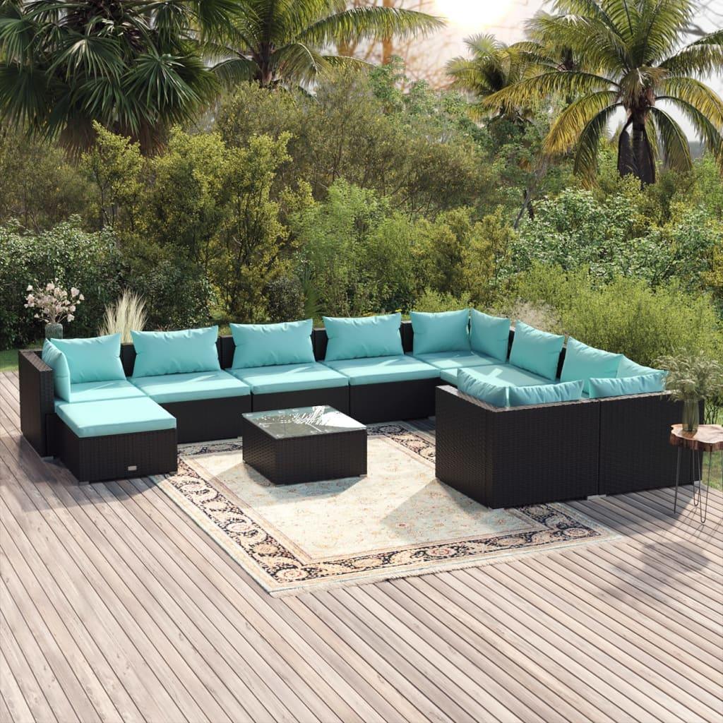 11 Piece Patio Lounge Set with Cushions Poly Rattan Black