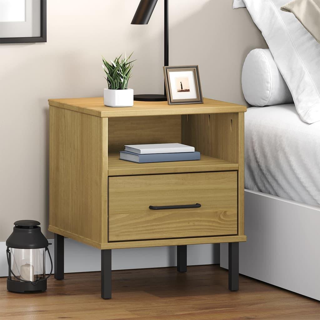 Bedside Cabinet with Metal Legs Brown Solid Wood Pine OSLO