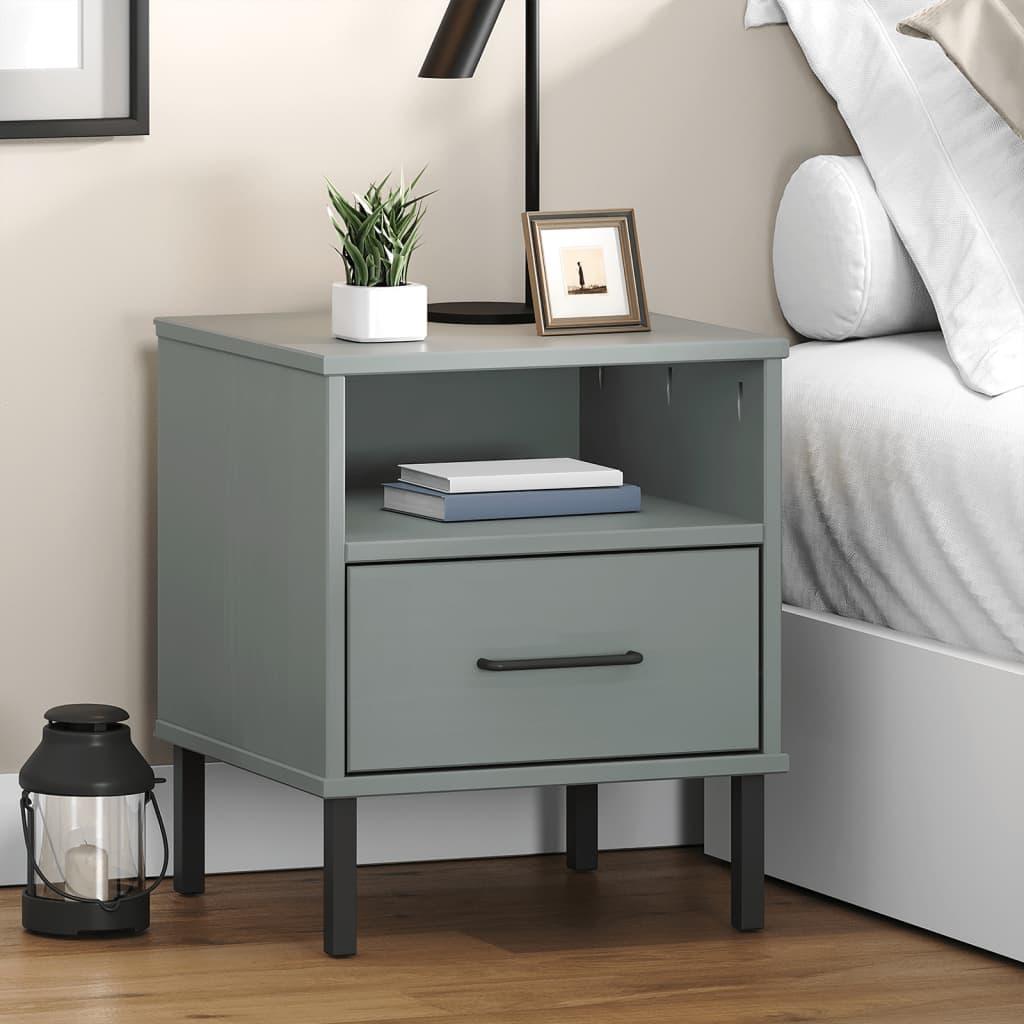 Bedside Cabinet with Metal Legs Gray Solid Wood Pine OSLO