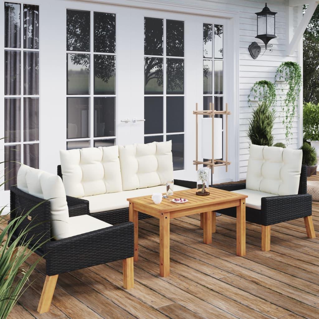 4 Piece Patio Lounge Set with Cushions Poly Rattan and Solid Wood