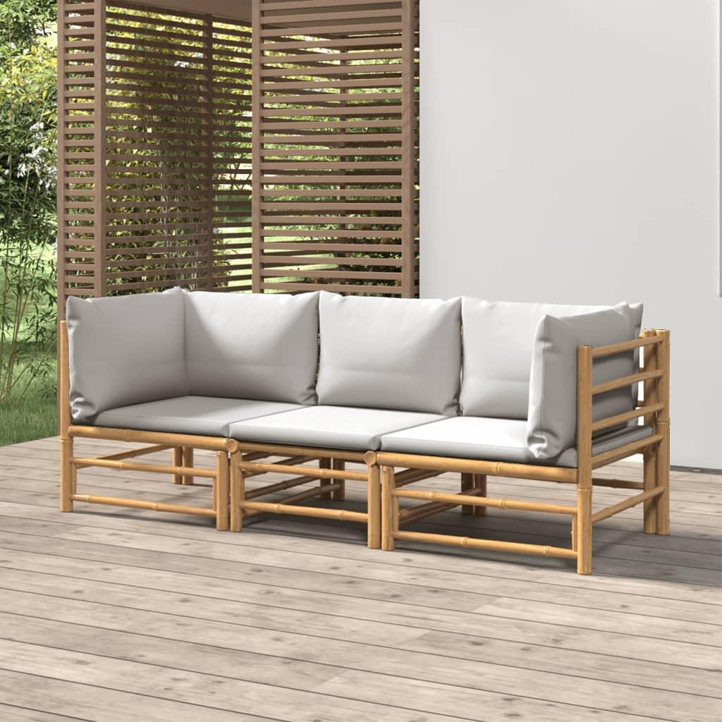 3 Piece Patio Lounge Set with Light Gray Cushions Bamboo