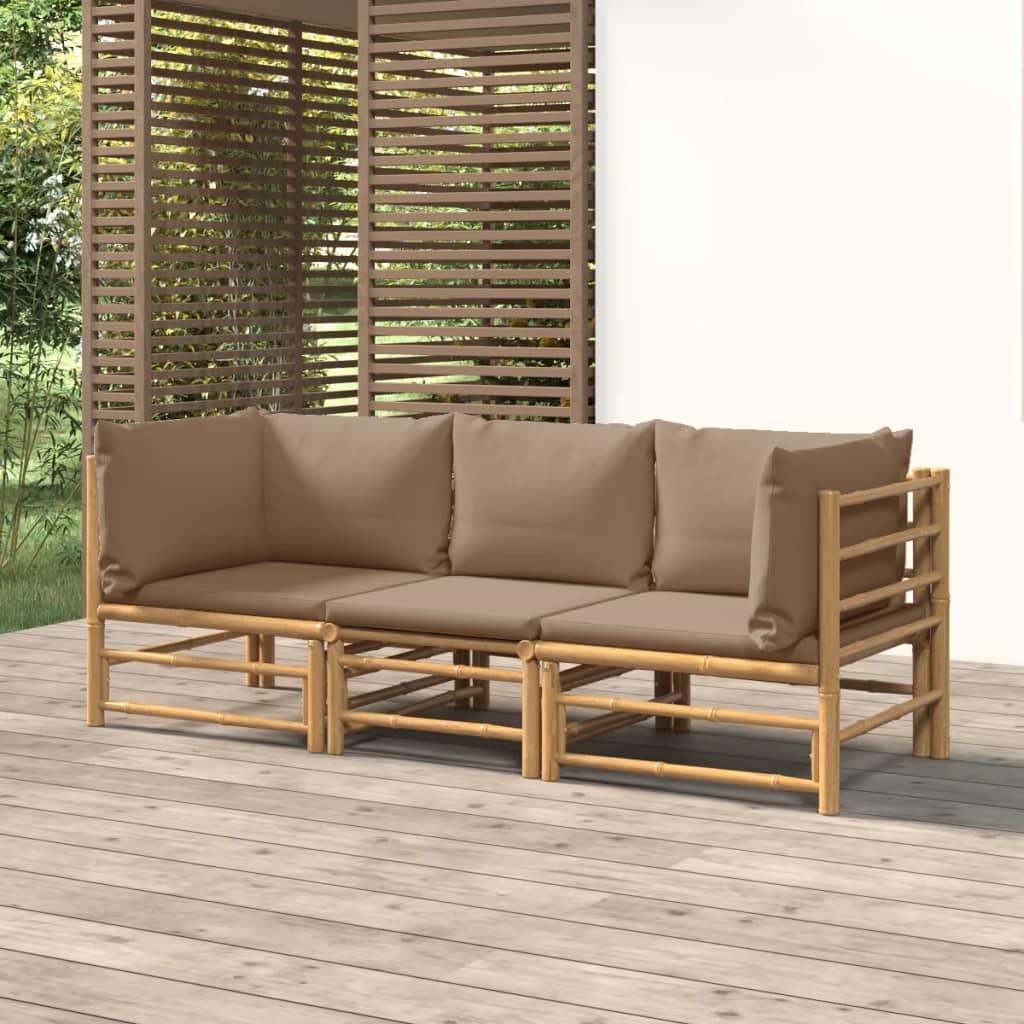 3 Piece Patio Lounge Set with Taupe Cushions Bamboo