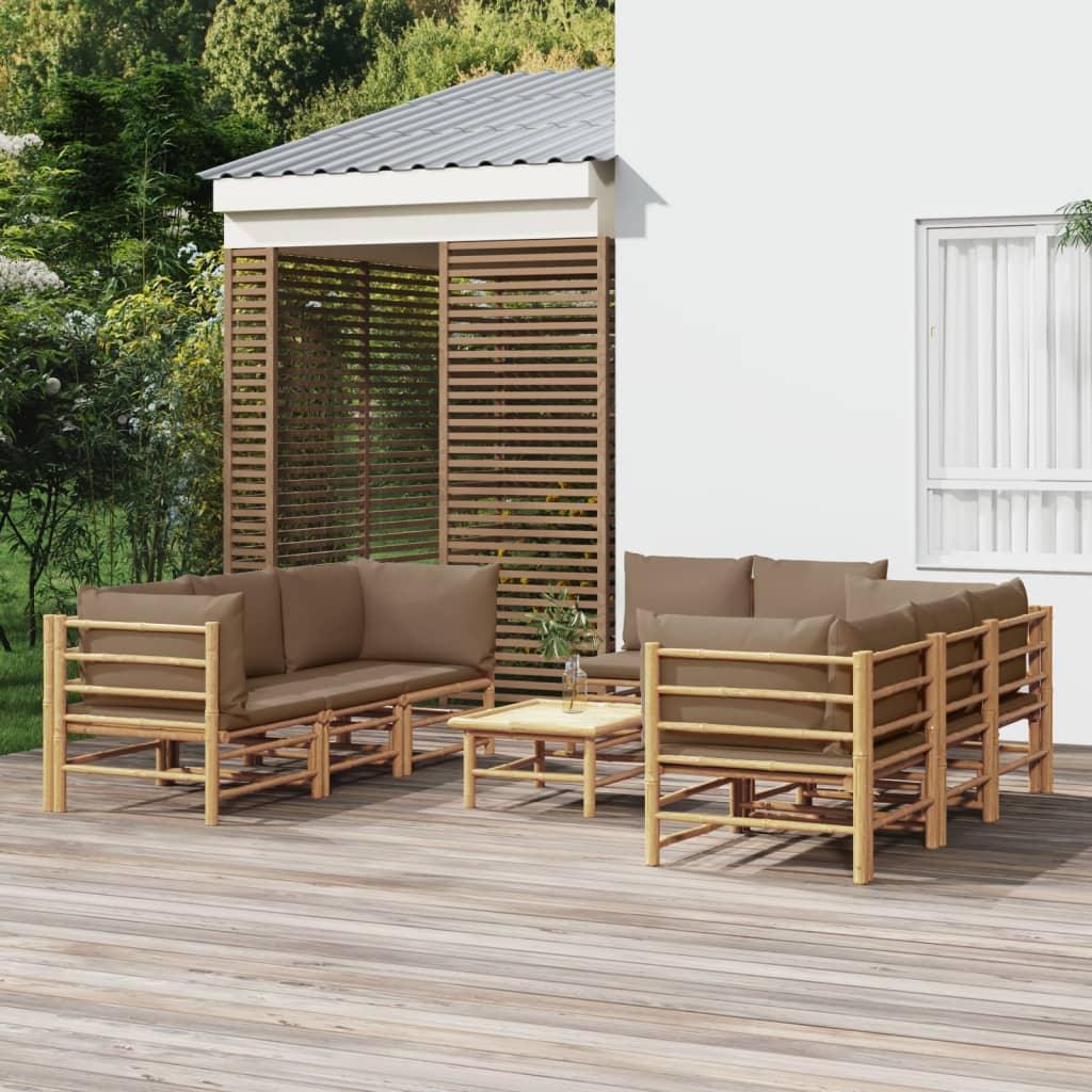 9 Piece Patio Lounge Set with Taupe Cushions Bamboo