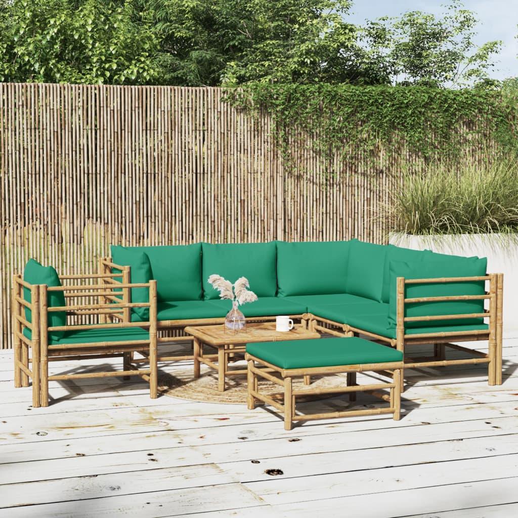 8 Piece Patio Lounge Set with Green Cushions Bamboo