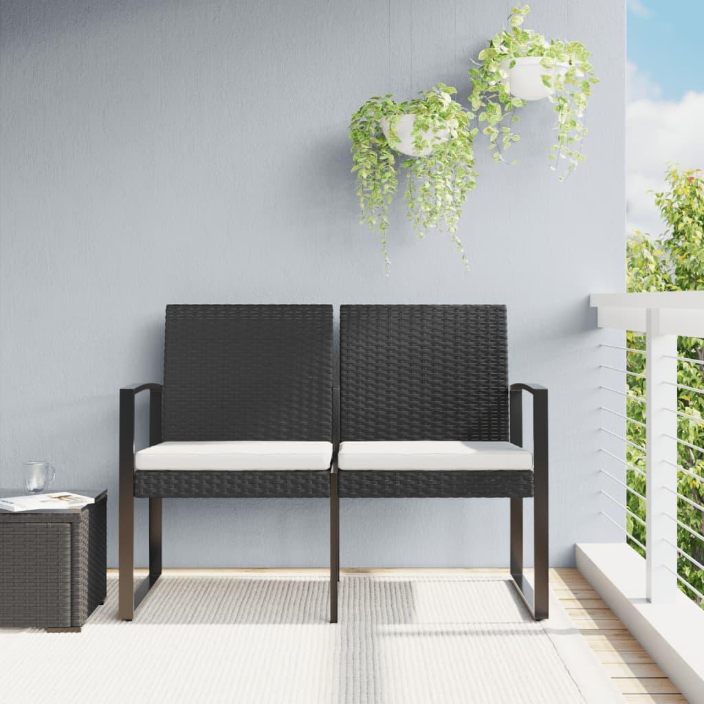 2-Seater Patio Bench with Cushions Black PP Rattan