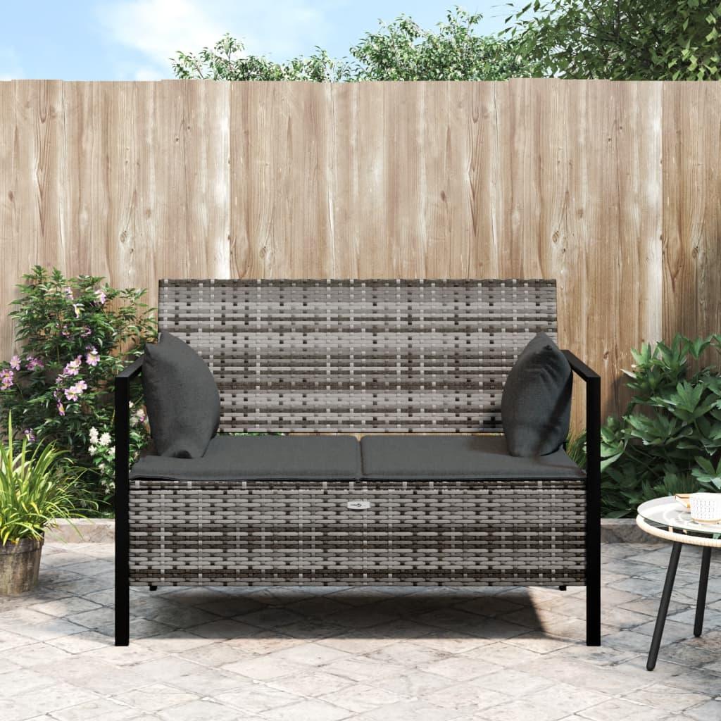2-Seater Patio Bench with Cushions Gray Poly Rattan