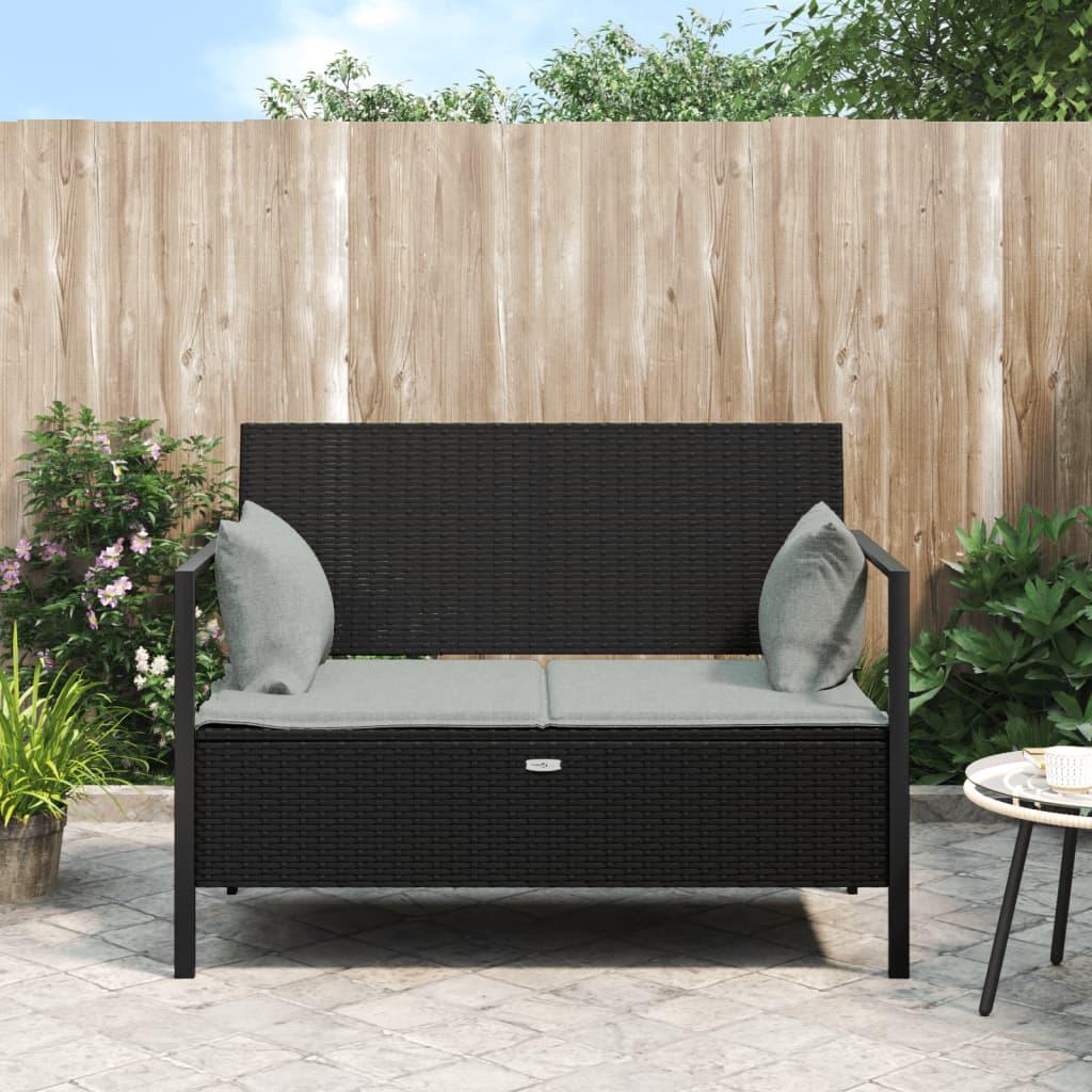 2-Seater Patio Bench with Cushions Black Poly Rattan